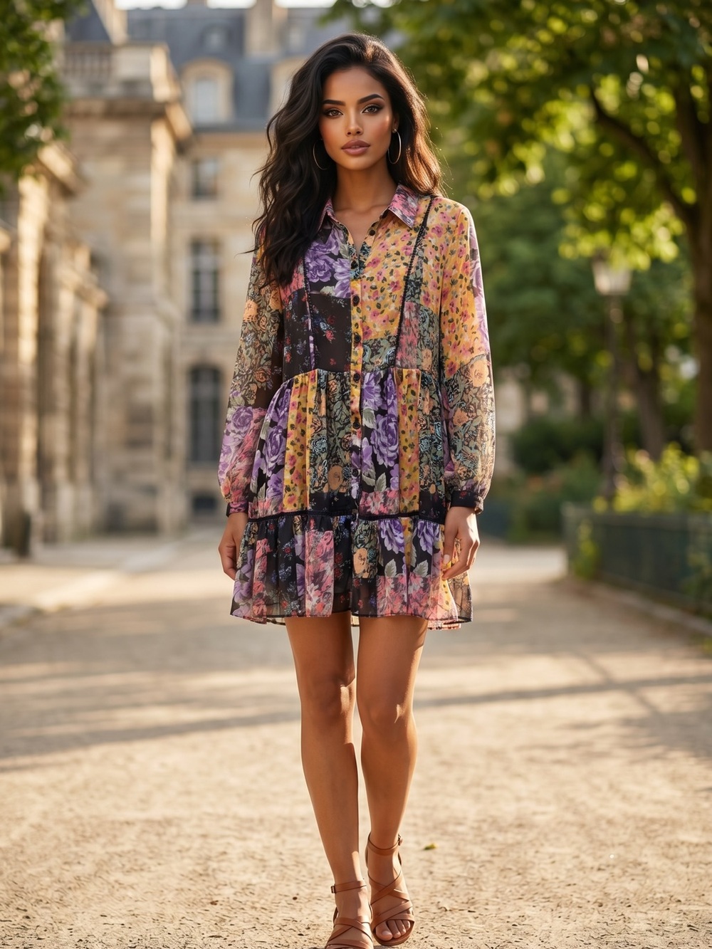 🌟B722. Stylish Floral Patchwork Long Sleeve Tunic Mini Dress
